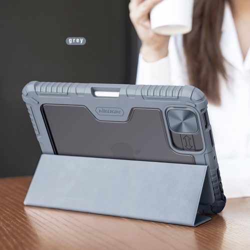 Чехол книжка серого цвета от Nillkin для iPad Mini 6 с 2021 года и iPad Mini 7 с 2024 года, серия Bumper Pro, с защитной шторкой для камеры
