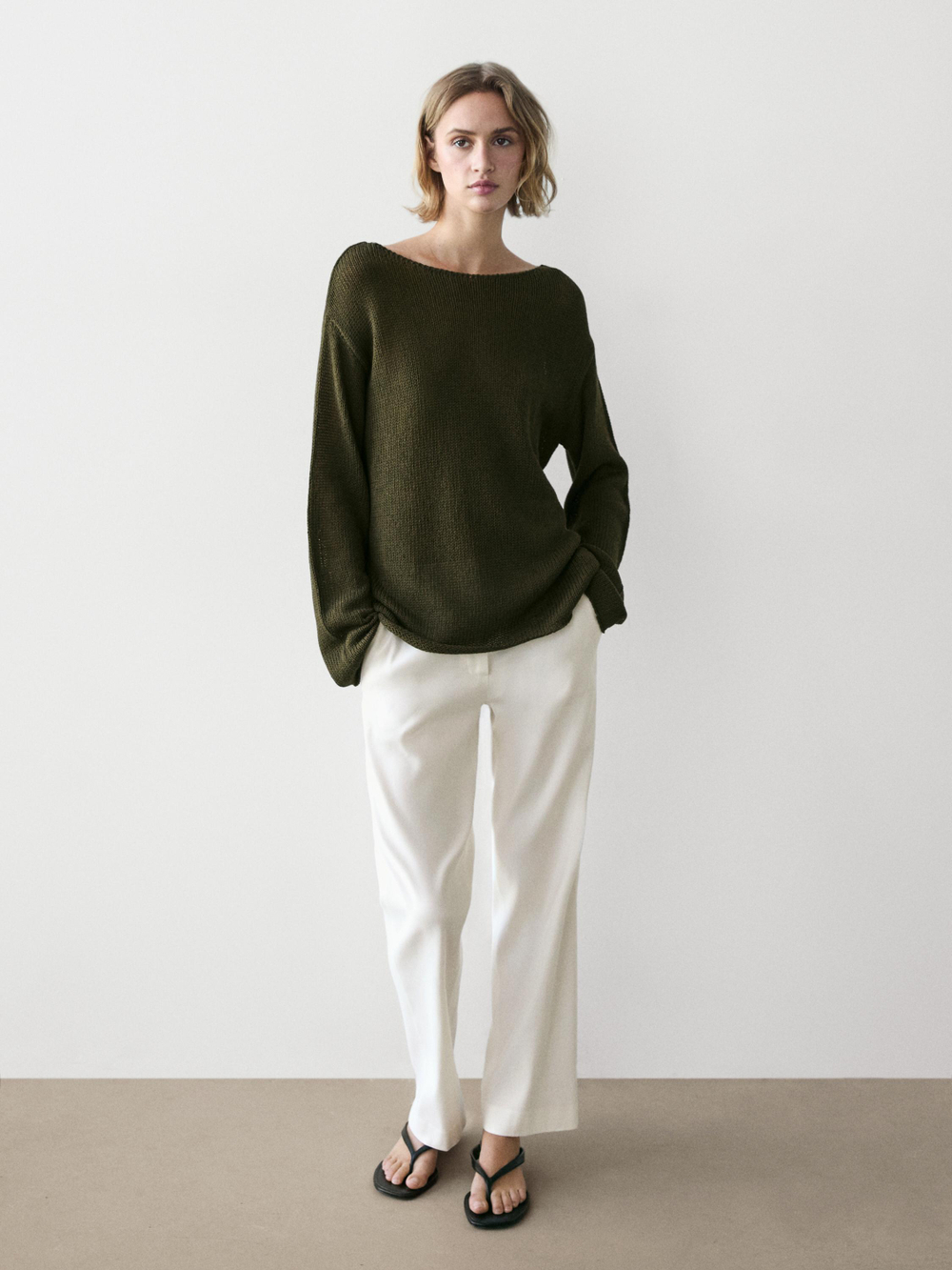 Massimo Dutti Свитер из смесового хлопка с ажурным узором, темно-зеленый