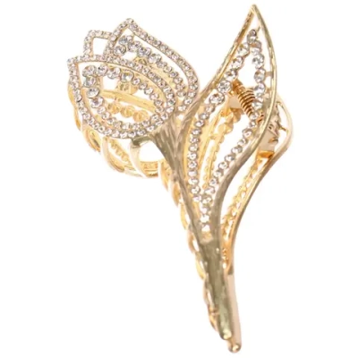 Заколка - краб для волос со стразами на блистере «ДЕ Палма», тюльпан, цвет золото и серебро, 12*5.5см (пакет с подвесом)