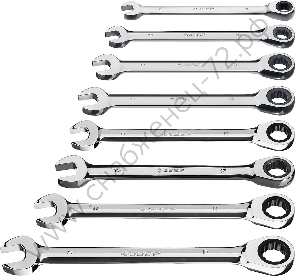 ЗУБР 8 шт, 8 - 19 мм, набор комбинированных трещоточных гаечных ключей, Профессионал (27074-H8)