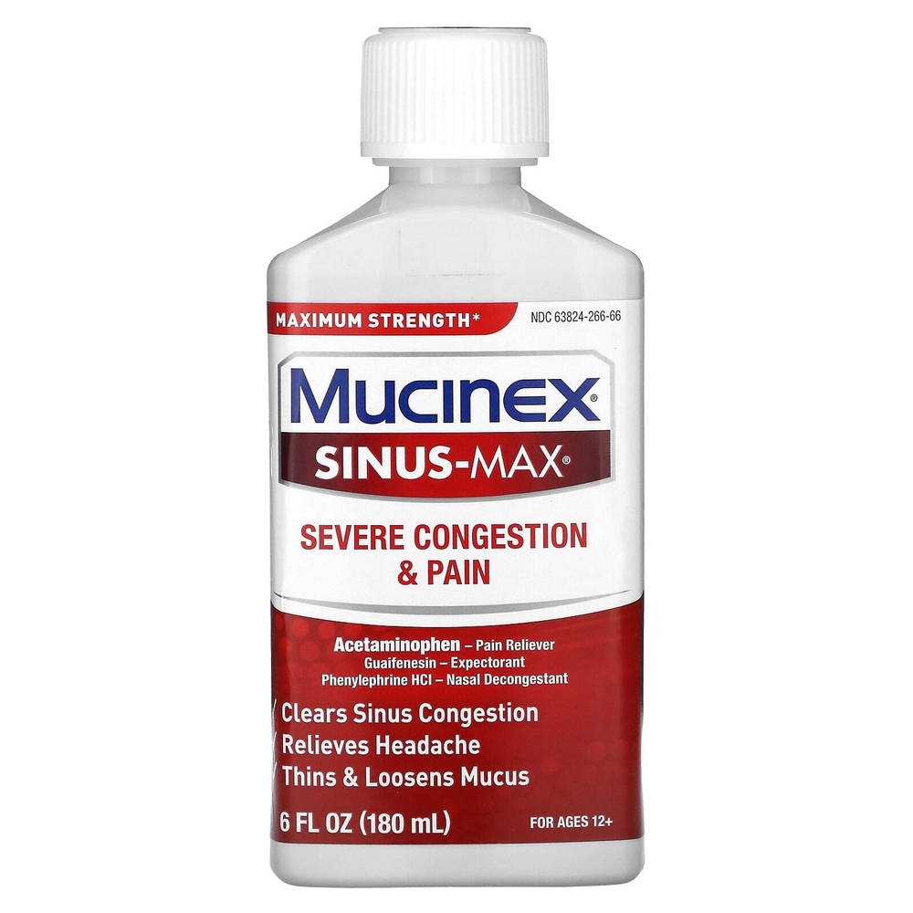 Mucinex, Sinus-Max, сильная заложенность носа и боль, для детей от 12 лет, 180 мл (6 жидк. унций)