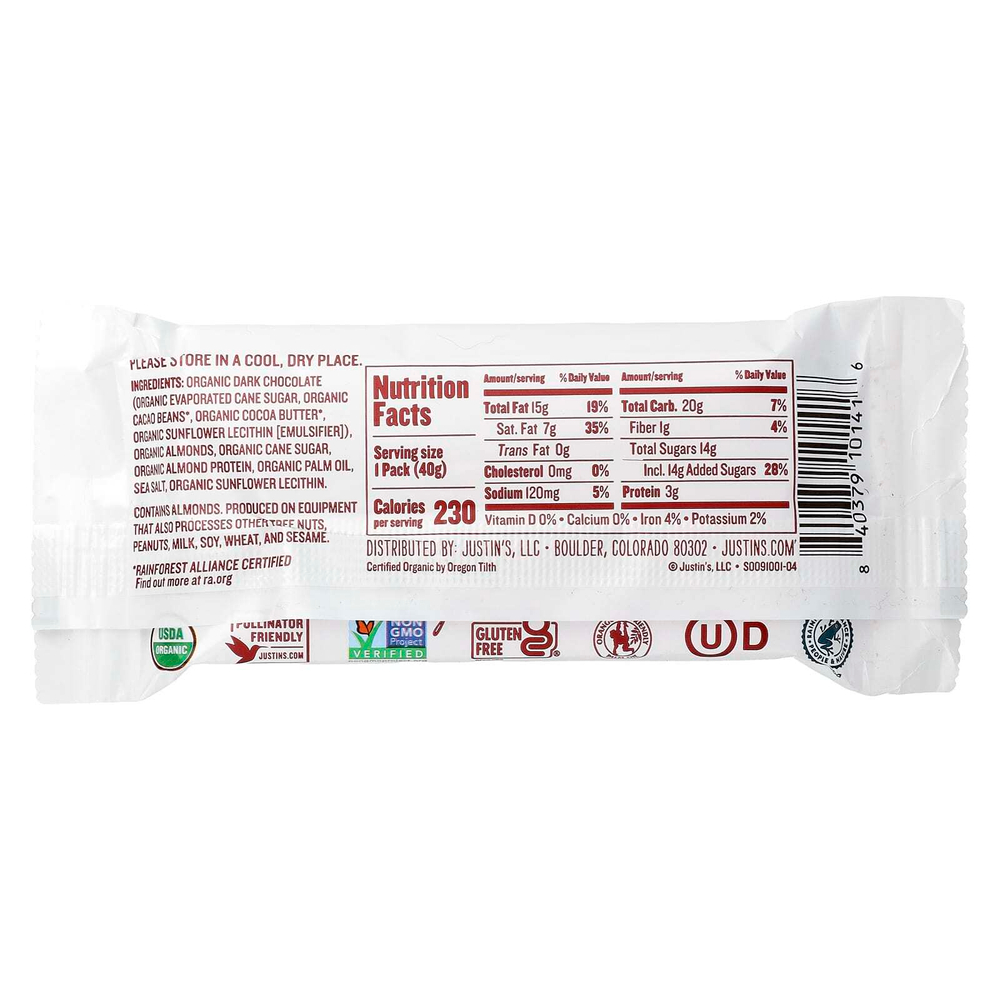 Justin's Nut Butter, Органический темный шоколад с миндальным маслом, 2 стакана, 40 г (1,4 унции)