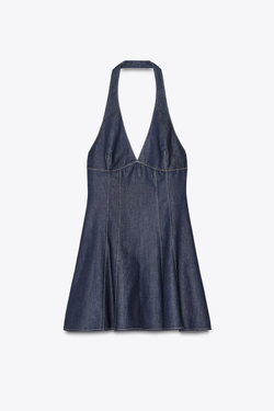 ZARA ДЖИНСОВОЕ ПЛАТЬЕ TRF С ГОРЛОВИНОЙ ХАЛТЕР, ТЕМНЫЙ ИНДИГО