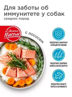 Корм для средних собак, с лососем 2,5 кг, для иммунитета
