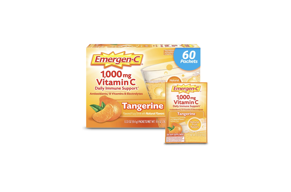 Emergen-C, 1000 мг порошка витамина С, с антиоксидантами, витаминами группы В и электролитами, добавками витамина С для поддержки иммунитета, смесью для питья без кофеина, вкусом мандарина — 60 штук
