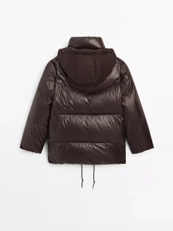 Massimo Dutti Непромокаемый пуховик с отстегивающимся капюшоном, коричневый