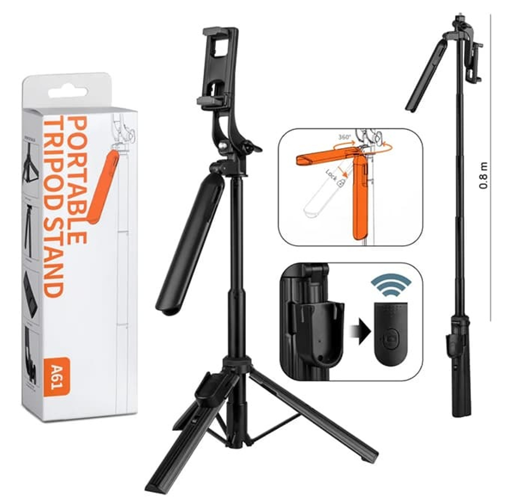 Монопод для селфи+Tripod A61-0.8M Bluetooth (черный)