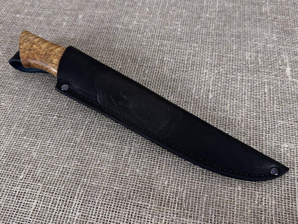 Финский нож Леуку, Дамасская сталь, рукоять карельская берёза