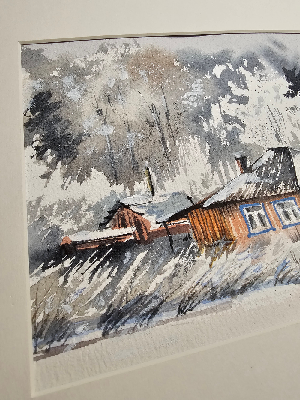 Картина авторская акварельная в паспарту 21*30 см на стену для интерьера "Зима"