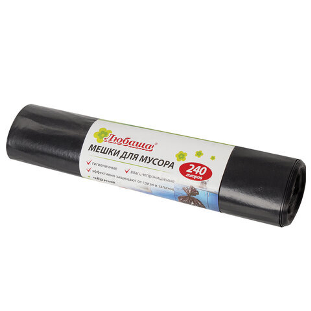 Мешки для мусора 240 л, черные, в рулоне 5 шт., ПВД 30 мкм, 90×130 см, ЛЮБАША эконом, 3 упаковки.