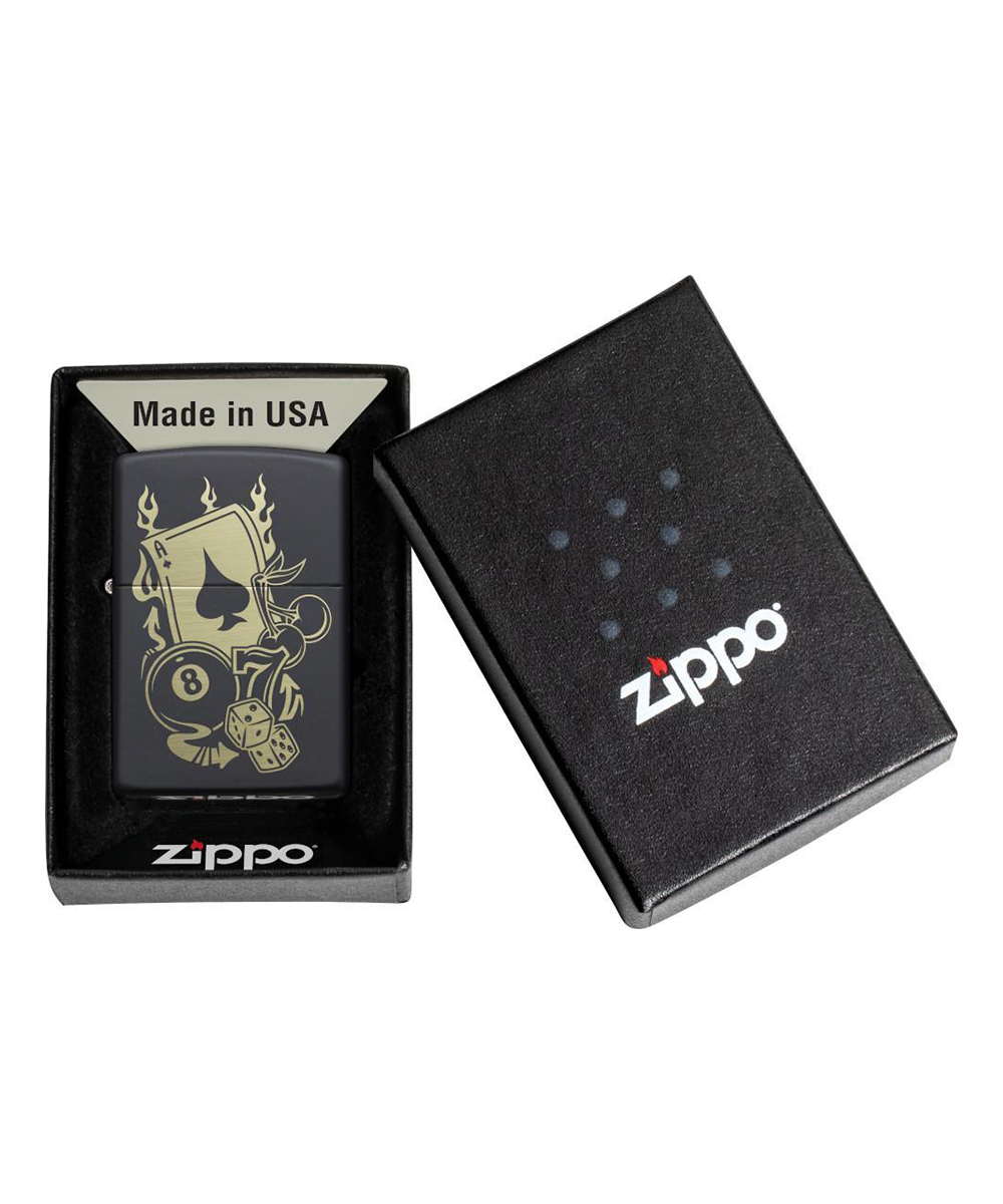 Зажигалка Zippo Gambling Design, покрытие Black Matte, латунь/сталь, чёрная, матовая