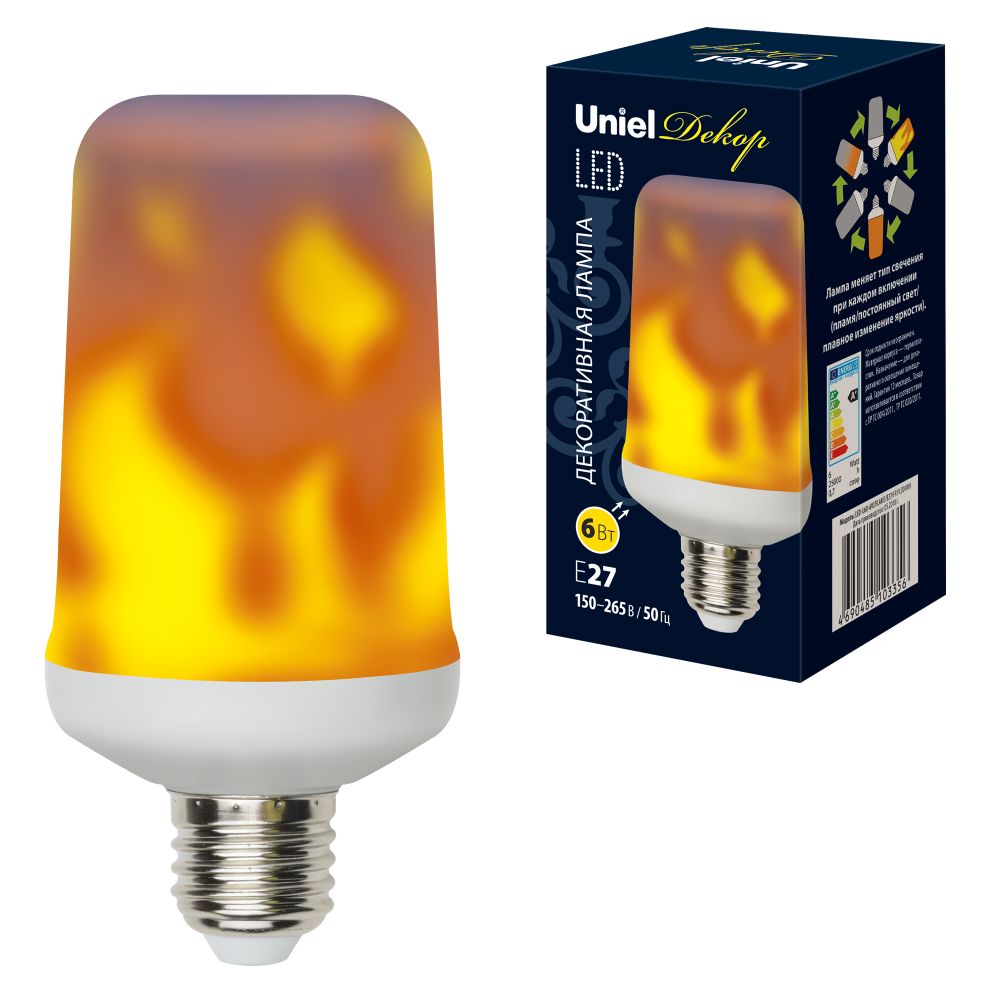 LED-L60-6W-FLAME-E27-FR PLD01WH Лампа светодиодная декоративная с типом свечения эффект пламени. Форма цилиндр. матовая. Картон. ТМ Uniel.