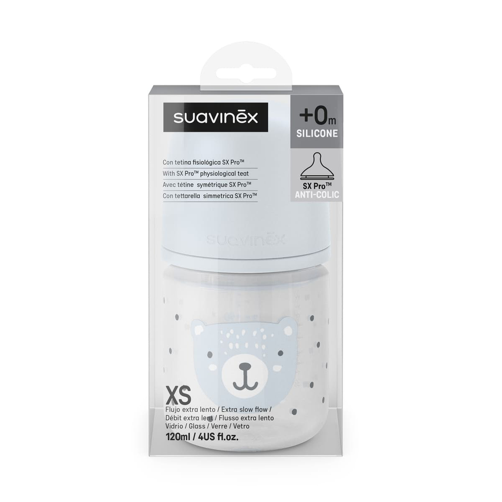 Стеклянная бутылочка для кормления Suavinex Wild 120 мл, 0+ мес, голубая