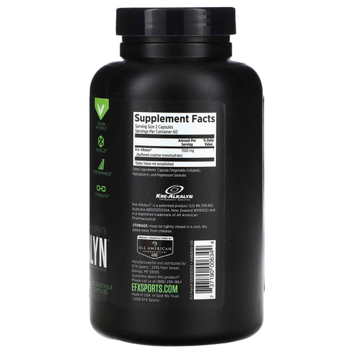 EFX Sports, Kre-Alkalyn, 120 растительных капсул (750 мг на капсулу)