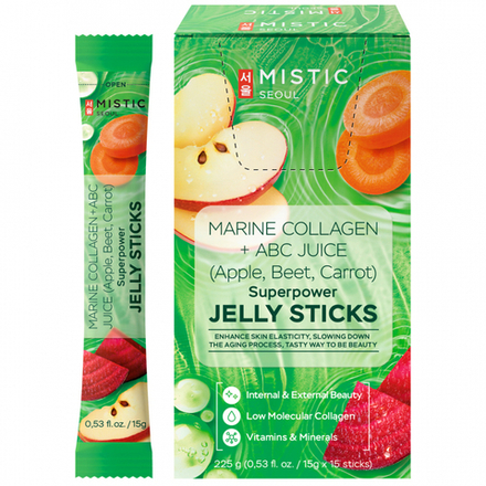 MISTIC MARINE COLLAGEN + АБС JUICE(Apple, Beet, Carrot) SUPERPOWER JELLY STICKS  Суперпауэр коллагеновые желейные палочки со вкусом яблока и с органическим яблочно-морковно-свекольным соком 15шт*15г