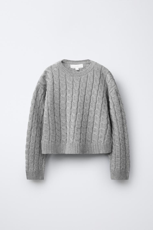 ZARA СВИТЕР С УЗОРОМ «КОСЫ», СЕРО-КОРИЧНЕВЫЙ