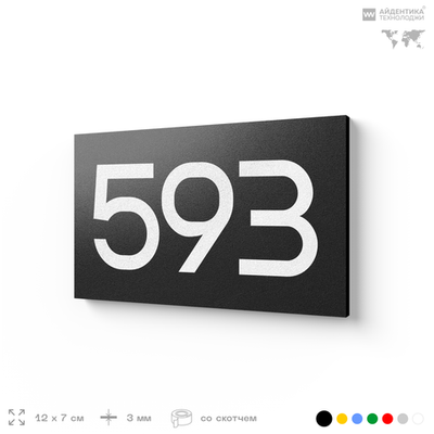 Номер на дверь 593, табличка на дверь для офиса, квартиры, кабинета, аудитории, склада, черная 120х70 мм, Айдентика Технолоджи