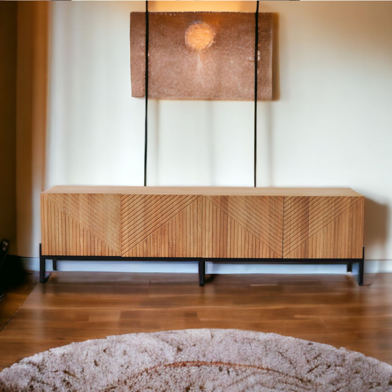 Тумба под телевизор Грувс четырехдверная массив дуба, ЛДСП, металл цвет натуральный дуб