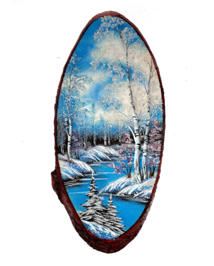 Картина на срезе дерева "Зимняя река 2" 50-55 см 1100гр