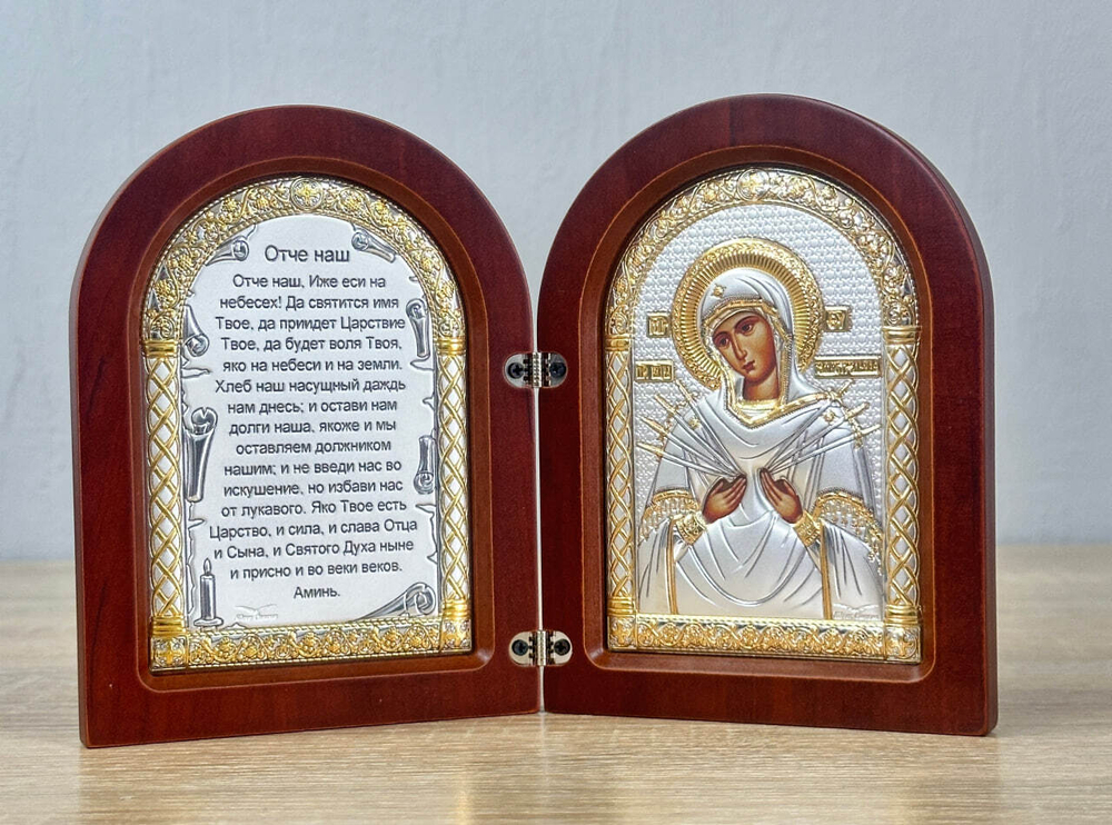 Складень, Семистрельная БМ, Молитва, икона арочная, красное дерево 140x200