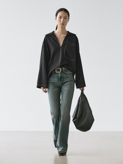 Massimo Dutti Рубашка из струящейся смесовой шерсти с карманом, черный