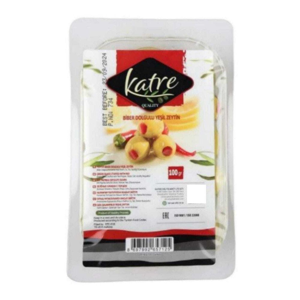 Оливки зеленые Katre Biber фаршированные перцем 100 г 2 шт