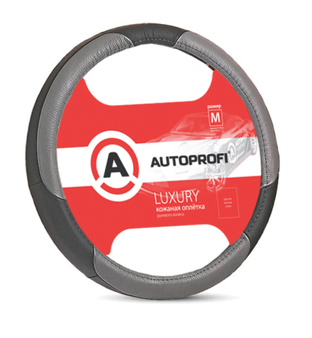 Оплетка руля Autoprofi LUXURY AP-1010 BK/GY (M) черно-серая натуральная кожа 3 вставки из PU кожи