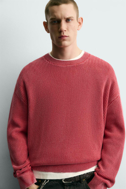 ZARA СВИТЕР В РУБЧИК С ЭФФЕКТОМ ПОТЕРТОСТИМ, КРАСНЫЙ