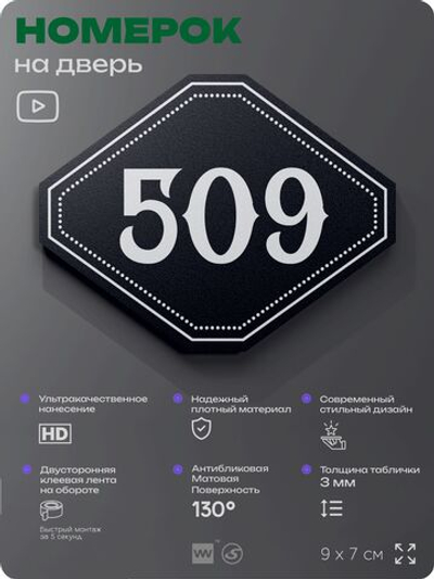 Номерок на дверь квартиры 509, для кабинета, офиса, шильдик 9 х 7 см, черный, Айдентика Технолоджи