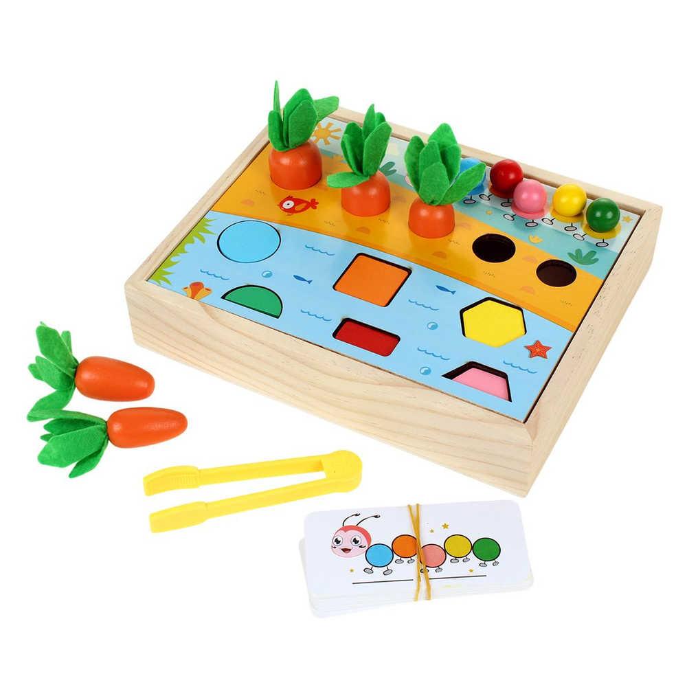 Развивающая игрушка деревянная Рыбалка река, огород + сортер с шариками, коробка C-41683