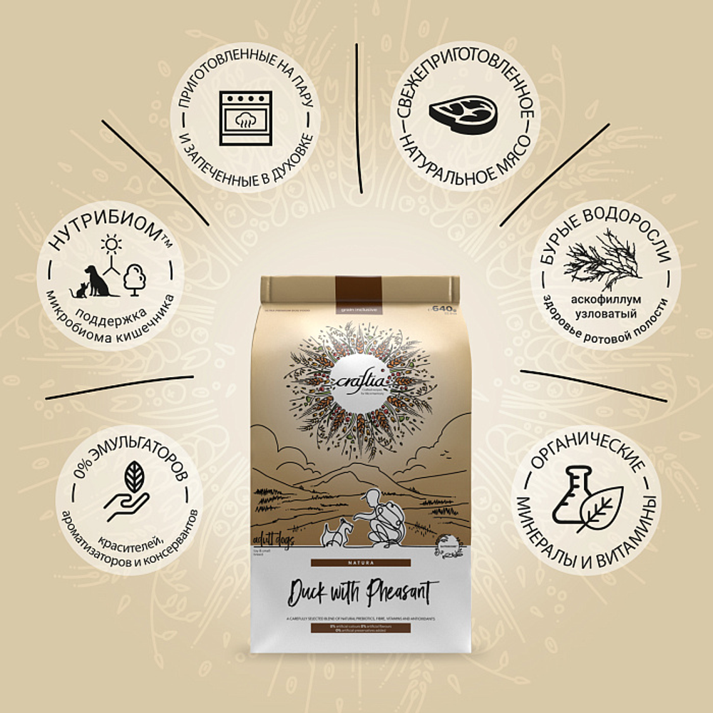 Сухой корм CRAFTIA NATURA для взрослых собак миниатюрных и мелких пород из утки с фазаном 640 г