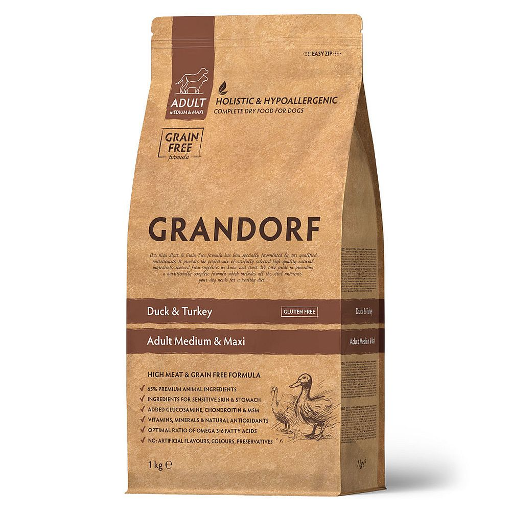 Сухой корм для собак средних и крупных пород GRANDORF DOG Duck&amp;Turkey Adult Medium &amp; Maxi с уткой и индейкой, Пакет 1 кг
