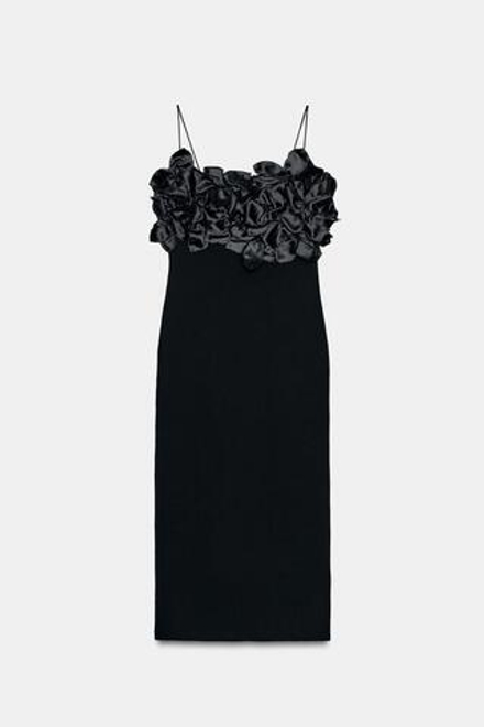 ZARA ТРИКОТАЖНОЕ ПЛАТЬЕ С ЦВЕТОЧНЫМ УЗОРОМ, ЧЕРНЫЙ