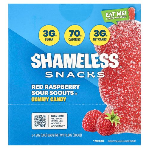 Shameless Snacks, Gummy Candy, Red Raspberry Sour Scouts®, 6 пакетиков по 50 г (1,8 унции)