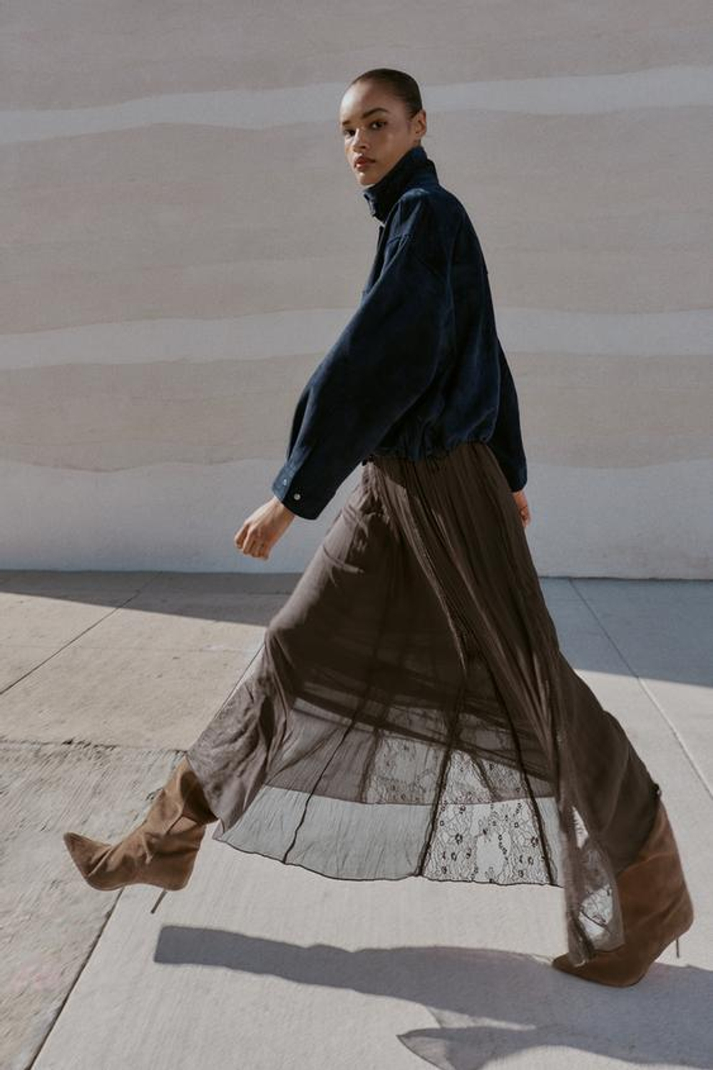 ZARA ЮБКА ГОДЕ С КРУЖЕВОМ, ТЕМНО-КОРИЧНЕВЫЙ