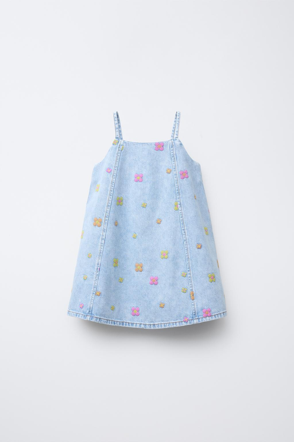 ZARA ДЖИНСОВОЕ ПЛАТЬЕ С ЦВЕТОЧНОЙ ВЫШИВКОЙ, ГОЛУБОЙ