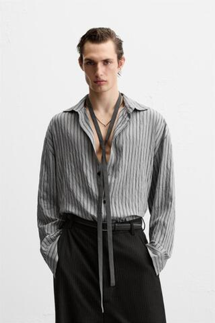 ZARA РУБАШКА ИЗ СМЕСОВОЙ ВИСКОЗЫ В ПОЛОСКУ, СЕРЫЙ