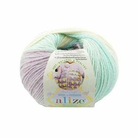 Беби Вул батик (Baby Wool batik) пряжа Alize 40%шерсть 20%бамбук 40%акрил 10х50г/175м 6620 белый-мята-сиреневый