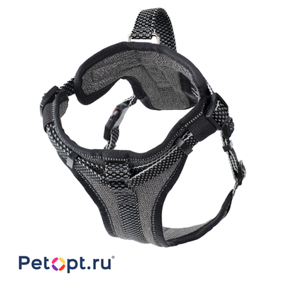 PetOpt Шлейка с ручкой для собак светоотражающая , черно-серая, нейлоновая . Регулировки на груди и спине , светоотражающие нити по всей ширине лямок