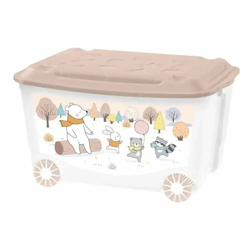 ЯЩИК ДЛЯ ИГРУШЕК НА КОЛЕСАХ С ДЕКОРОМ "ЗВЕРУШКИ НА ОПУШКЕ", 580Х390Х335 ММ, 45Л (Темно-беж