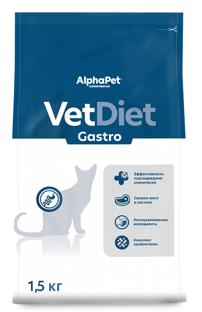 Сухой корм AlphaPet VET DIET для взрослых кошек GASTRO при расстройстве пищеварительной системы и истощении - 1,5 кг