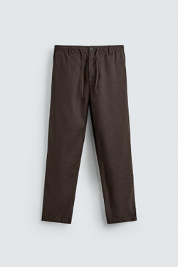 ZARA БРЮКИ RELAXED FIT ИЗ ХЛОПКА И ЛЬНА, КОРИЧНЕВЫЙ