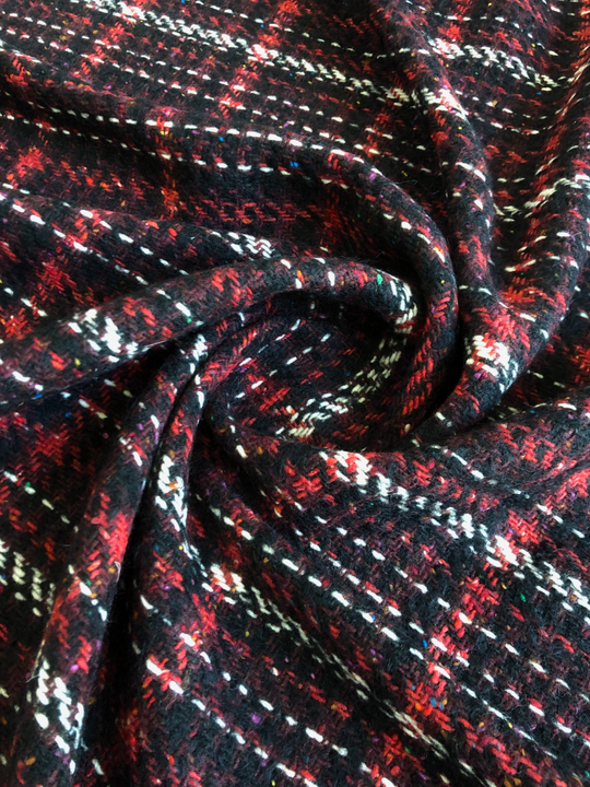 Твид шанель, клетка, черн/белый/бордо, шерсть CF#28