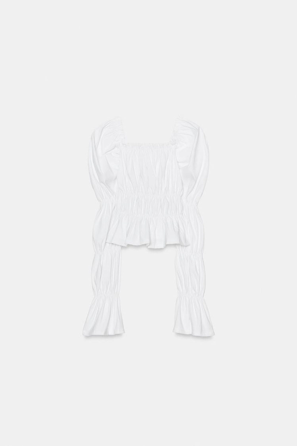 ZARA ТОП С ЭЛАСТИЧНЫМИ СБОРКАМИ И ОБЪЕМНЫМИ РУКАВАМИ, БЕЛЫЙ