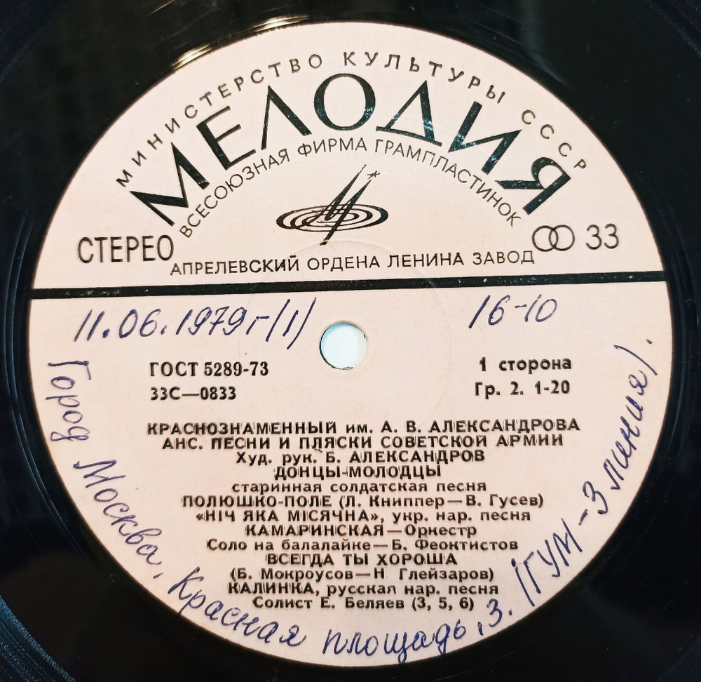 Винтажная виниловая пластинка LP Краснознаменный Имени Александрова Ансамбль Песни И Пляски Советской Армии (Во Поле Березонька Стояла) (СССР)