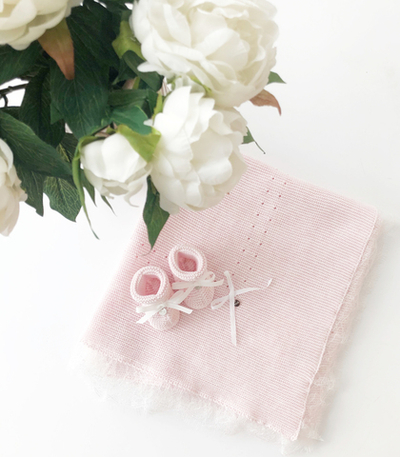 Подарочный набор: плед с кружевом, шапочка и пинетки (Розовый)
