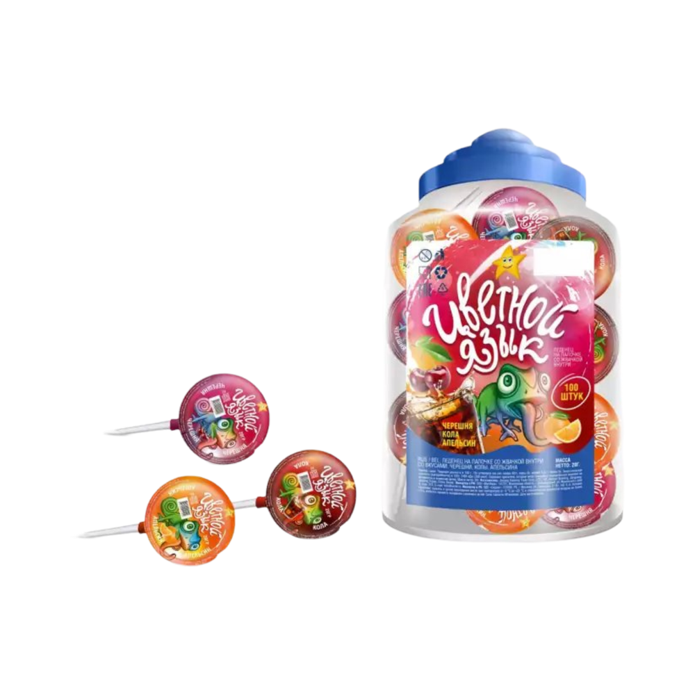 Леденец на палочке со жвачкой "Цветной язык" 20г