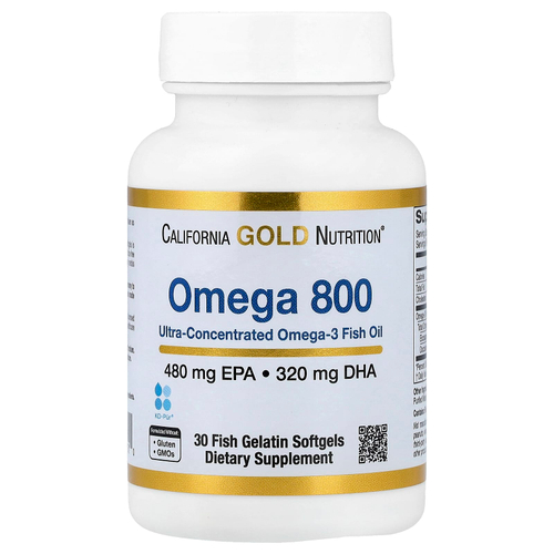 California Gold Nutrition, омега 800, ультраконцентрированный рыбий жир с омега-3, в форме триглицеридов KD-Pur®, 30 капсул из рыбьего желатина (1000 мг в 1 капсуле)