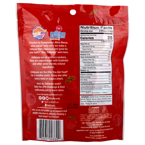 Zollipops, The Clean Teeth Pops, малина, 3,1 унции