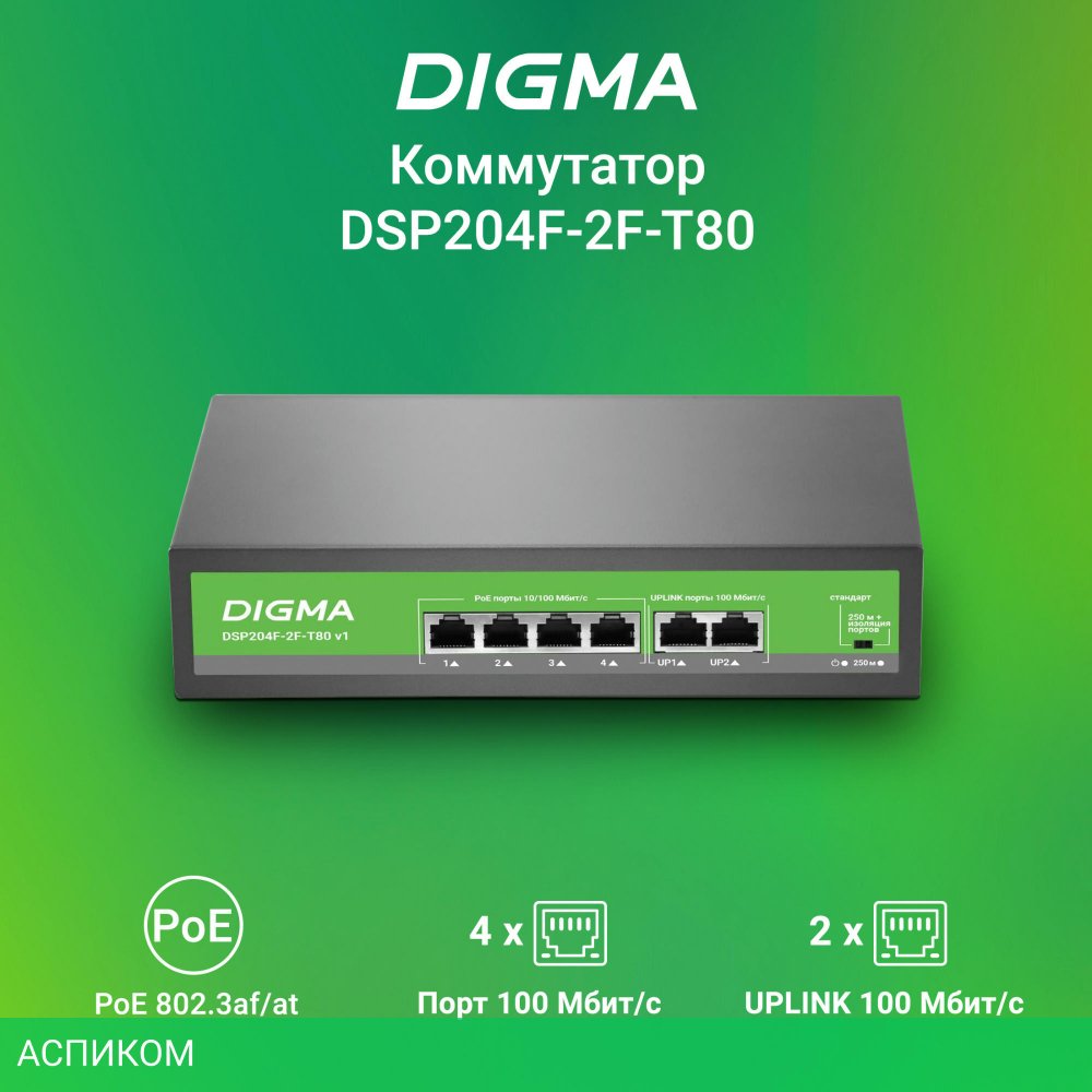Коммутатор Digma DSP204F-2F-T80 V1